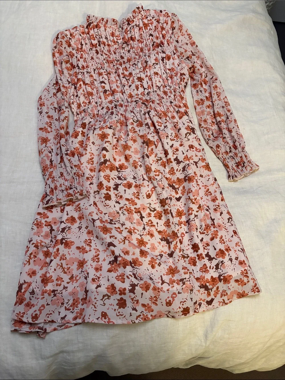 Grace Karin Pink Floral Long Sleeve Smocked Kids Dress